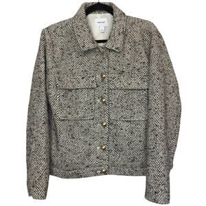 Nine West Tweed Wool Blend Cropped Coat Large Herringbone Lined Lady Jacket